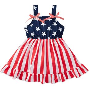 Girls 4th of July Dress American Flag Dress Kids Patriotic Clothes Stripe Sleeveless Tank Skirt 2-8 Years