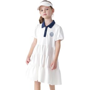 MARC&JANIE Girls' Quick Dry Short Sleeve Sports Dresses Collegiate Style Polo Neck Dress 240666