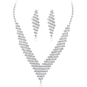 Simple Crystal Rhinestones Bridal Necklace Earrings Set Jewelry Set for Women Necklace Dangle Earrings Set Wedding Party Jewelry for Bridal Bridesmaid (Silver 4)