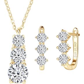 3 Stone Moissanite Pendant Necklace and Hoop Earrings Set