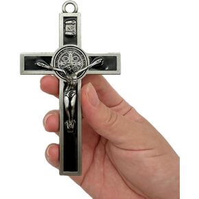 BONITTER Antique Silver Crucifix Wall Cross-St. Benedict Metal Wall Art-5.0 InchX2.7 Inch Black White Brown Enamel Give Blessing and The Spiritual Sacred:Faith Gift for your Acquaintances (Black)