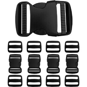 Flat Dual Adjustable Plastic Quick Side Release Plastic Buckles and Tri-glide, Black, 4 Set 1.5 inch+8 Set Tri-Glide Slide