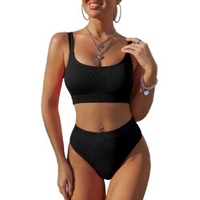 Lilosy Ribbed Colorblock High Waisted Tummy Control Bikini Set Brazilian Swimsuit 2 Piece