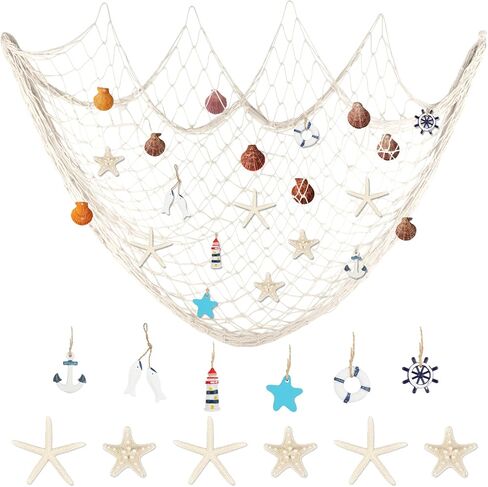 22 Pcs Nautical Fishing Net Wall Hanging Decor Decorative Fishing Net with Starfish and Shell Wooden Ocean Themed Hanging Ornaments for Nautical Party Decorations,Daily Home Decor(Blue) in Saudi Arabia