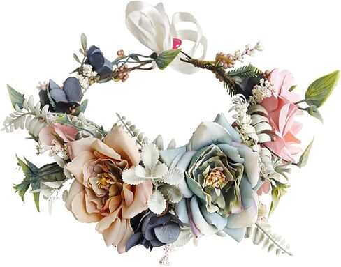 Women Girl Flower Headband Wreath Boho Headpiece Floral Crown for Wedding Festivals Photo Props (Pink & Blue) in Saudi Arabia