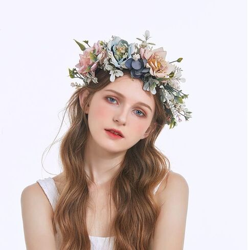 Women Girl Flower Headband Wreath Boho Headpiece Floral Crown for Wedding Festivals Photo Props (Pink & Blue) in Saudi Arabia