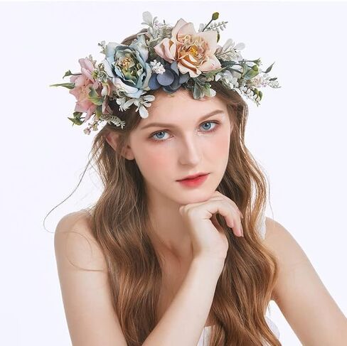 Women Girl Flower Headband Wreath Boho Headpiece Floral Crown for Wedding Festivals Photo Props (Pink & Blue) in Saudi Arabia