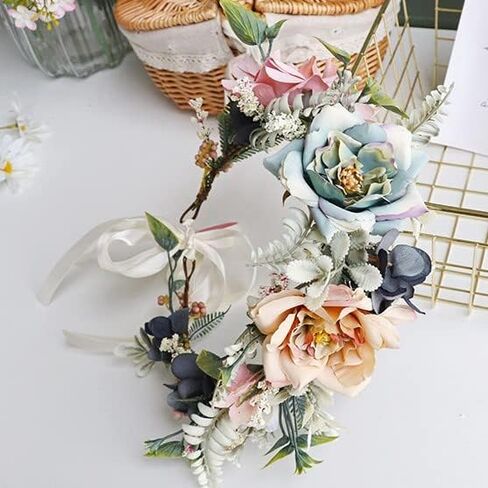 Women Girl Flower Headband Wreath Boho Headpiece Floral Crown for Wedding Festivals Photo Props (Pink & Blue) in Saudi Arabia