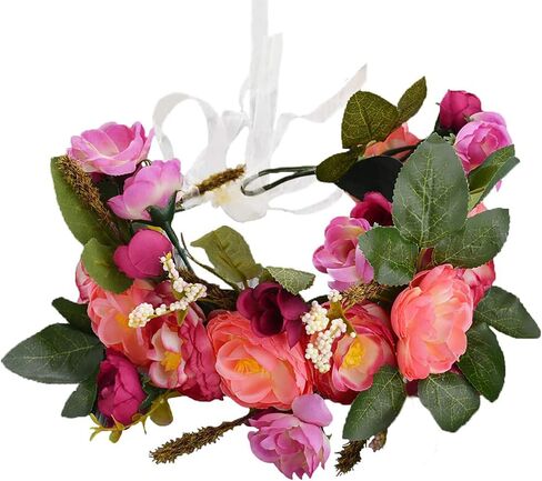 Women Girl Flower Headband Wreath Boho Headpiece Floral Crown for Wedding Festivals Photo Props (Pink & Blue) in Saudi Arabia