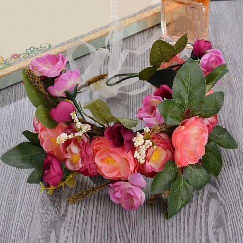 Women Girl Flower Headband Wreath Boho Headpiece Floral Crown for Wedding Festivals Photo Props (Pink & Blue) in Saudi Arabia