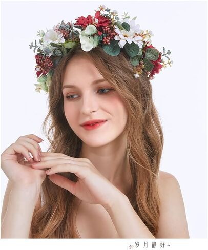 Women Girl Flower Headband Wreath Boho Headpiece Floral Crown for Wedding Festivals Photo Props (Pink & Blue) in Saudi Arabia