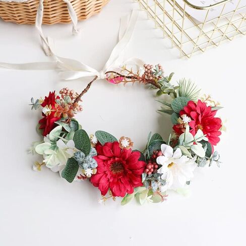 Women Girl Flower Headband Wreath Boho Headpiece Floral Crown for Wedding Festivals Photo Props (Pink & Blue) in Saudi Arabia