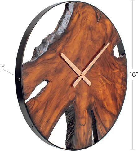 ساعة حائط خشبية ريفية - مينا عصري فريد من نوعه من خشب الساج مع إطار معدني أسود كبير، ديكور غرفة المعيشة صامت غير موقوت، مصنوع يدويًا لتزيين المكتب المنزلي، فريد من نوعه - مقاس 16 بوصة in Kuwait