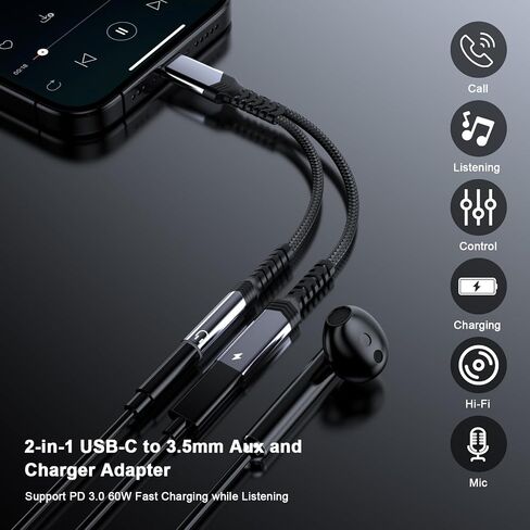 iPhone 15 Headphone Adapter,[MFi Certified] 2 in 1 USB C to 3.5mm Headphone and Charger Adapter Nylon Braided Aux Jack Dongle Cable with Fast Charging for iPhone 15 Pro Max Galaxy iPad in Saudi Arabia