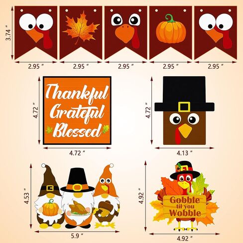 مجموعة ديكور صينية متدرجة لعيد الشكر - 9 قطع تتضمن علامات جنوم خشبية على شكل ديك رومي، ورقة قيقب اليقطين لتزيين طاولة المطبخ في المنزل في عيد الشكر (صينية متدرجة غير متضمنة) in Kuwait