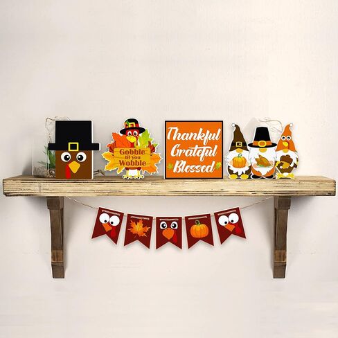 مجموعة ديكور صينية متدرجة لعيد الشكر - 9 قطع تتضمن علامات جنوم خشبية على شكل ديك رومي، ورقة قيقب اليقطين لتزيين طاولة المطبخ في المنزل في عيد الشكر (صينية متدرجة غير متضمنة) in Kuwait
