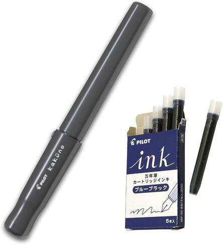 Pilot Kakuno Fine-Nib Fountain Pen, Glay Body with 5 pieces fountain pen ink cartridge [Blue Black] for kakuno value set in Saudi Arabia