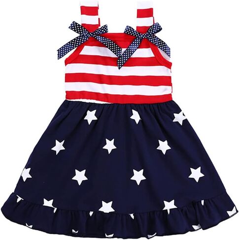 Girls 4th of July Dress American Flag Dress Kids Patriotic Clothes Stripe Sleeveless Tank Skirt 2-8 Years in Kuwait