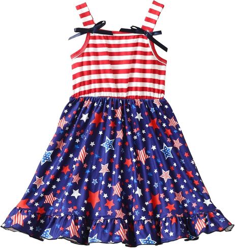 Girls 4th of July Dress American Flag Dress Kids Patriotic Clothes Stripe Sleeveless Tank Skirt 2-8 Years in Saudi Arabia