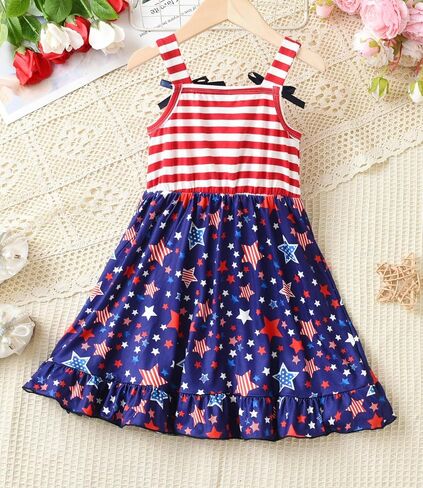 Girls 4th of July Dress American Flag Dress Kids Patriotic Clothes Stripe Sleeveless Tank Skirt 2-8 Years in Saudi Arabia
