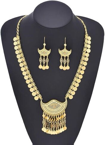 الغجر العملات العرقية شرابة المختنق قلادة استرخى قطرة الأقراط مجموعة للنساء الذهب مطلي مكتنزة بيان البوهيمي القبلية الجوف طويل القرص قلادة سلسلة مريلة طوق القلائد خمر بوهو هوك القرط مجوهرات in Kuwait