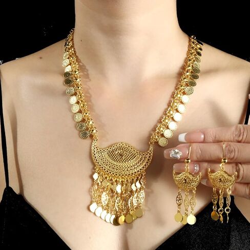 الغجر العملات العرقية شرابة المختنق قلادة استرخى قطرة الأقراط مجموعة للنساء الذهب مطلي مكتنزة بيان البوهيمي القبلية الجوف طويل القرص قلادة سلسلة مريلة طوق القلائد خمر بوهو هوك القرط مجوهرات in Kuwait