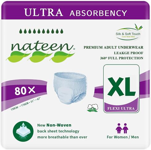 Nateen Flexi Ultra Adult Incontinence Underwear, Unisex Overnight Plus Pull Up for Men and Women，Maximum Absorbency Adult Diaper Pants,Invisible fit, Extra Large, 40 Count in Saudi Arabia