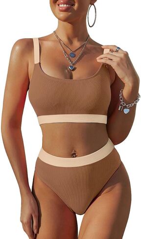 Lilosy Ribbed Colorblock High Waisted Tummy Control Bikini Set Brazilian Swimsuit 2 Piece in Saudi Arabia