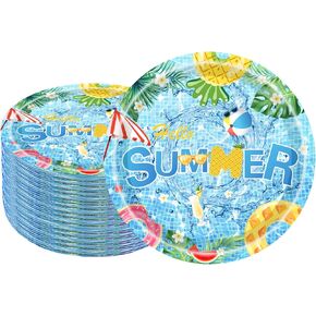 50Pcs Pool Party Supplies,Summer Pool Party Plates 7" Pool Paper Plates Summer Plates for Pool Theme Kids Summer,Beach Pool Party,luau Ball Water Tube Picnic Pool Birthday Party Decorations (Beach)