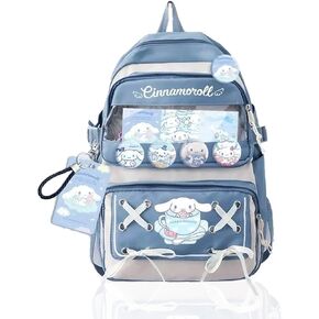 Teenage Girls Kawaii Printed Backpack with Cute Medallion and Card Holder Multi Pocket Chain Strap Shoulder Bag