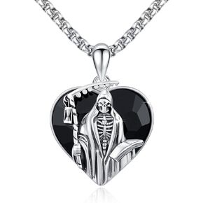 Santa Muerte Necklace for Men Sterling Silver Owl Skull Grim Reaper Pendant Heart Crystal Oxidation Skull Holy Death Scythe Aumelt Charm Necklace Jewelry Gifts for Father's Day Halloween Christmas