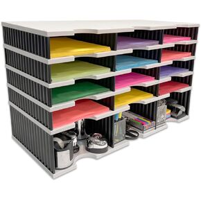 Ultimate Office Desktop Organizer 12 Letter Tray Sorter PLUS Riser Storage Base for Easy Access to Lower Slots, Desk Accessories & Supplies. Optional File Topper & Drawers