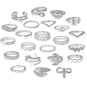 FUTIMELY 23pcs Vintage Gold Stacking Knuckle Rings for Women,Dainty Trendy Midi Finger Rings Set,Pearl Rhinestone Moon Sun Eye Leaf Ring Pack for Teen Girls
