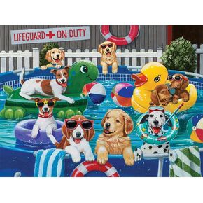 Bits and Pieces - 1000 Piece Jigsaw Puzzle for Adults 20" x 27" - Puppy Pool Party - 1000 pc Summer Swimming Dog Jigsaw by Artist William Vanderdasson