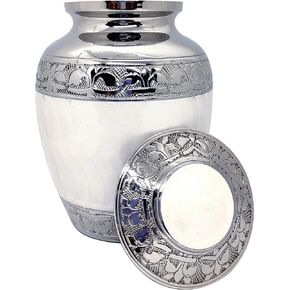 Small 6 x 4 inch Brass Cremation Urn Memorial Container - 650 ml, White. Rare Handicraft, with Bag