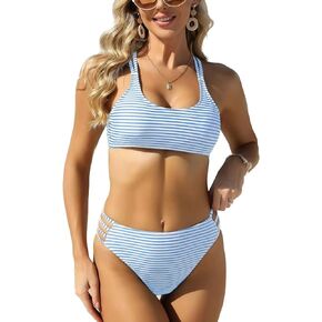 VIMPUNEC Women Two Piece Bikini Sets Cute High Cut Swimsuit Striped Mide Rise Bathing Suit