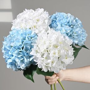 BLEUM CADE 4 Pcs Blue Hydrangea Artificial Flowers with Realistic Stems, 18In Large Fake Blue Flowers, Faux Flower for Home Party Decor Outdoor Wedding Bouquets Table Centerpieces Decoration