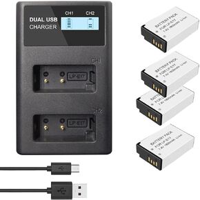 4 Pack LP-E17 Batteries and LCD Dual Charger for Canon EOS RP R10, Rebel T6i, T7i, T8i, T6s, SL2, SL3, EOS M3, M5, M6, 200D, 77D, 750D, 760D, 800D, 8000D, KISS X8i, Digital SLR Camera