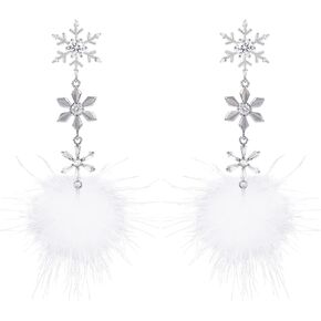 Christmas Snowflake Earrings for Women Long Dangle White Pom Pom Earrings Faux Fur Ball Fluffy Cute Drop Cubic Zirconia Crystal Snowflake Earrings for Xmas Party Holiday Winter Jewelry Gift for Girls