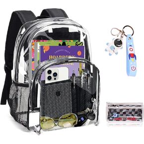 Large Transparent Backpack with Reinforced Bottom Multi -pockets for College, Travel,Workplace Security Heavy Duty PVC See Through Backpack - Black