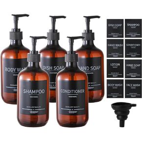 (5Pack) Black Shower Bottles Refillable with Labels, 16.9oz Reusable Shampoo and Conditioner Bottles,Shampoo Dispenser Bottles,Shampoo and Conditioner Bottles