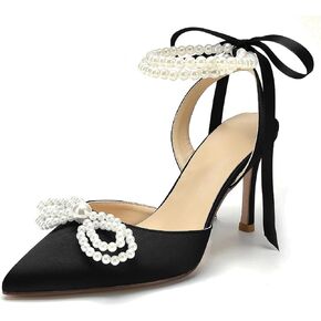 Women's High Heels Closed Toe Pearls Bow Heels Slingback Ankle Strap Pumps Wedding Bridal Party Dress Shoes Stiletto Sandals