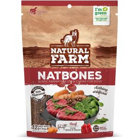 Natural Farm Natbones Superfood, All Natural Beef Flavor Dog Treats (12 Pack) - Chewy Beef Protein Treat Carrots, Green Peas, Spinach & Flaxseed, Natural Soup Bone, Engaging Dual Texture