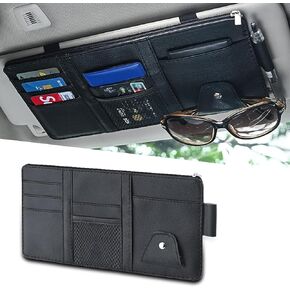 1 PC Car Sun Visor Clip for License ID Card Storage, 11.4" x 5.9" Leather Sunglasses Pocket Holders with Zippers, Universal Multi-Functional Automotive Ticket Bag for Cars SUVs (Black)