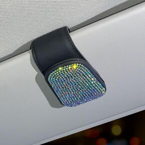 Rhinestone Glasses Clip Multi Functional Leather Sunglasses Clip Car Sun Visor Card Storage Bill Clip (Black)