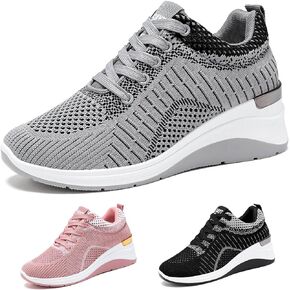 Women's Knitted Mesh Wedge Lace-up Sports Shoes with Arch Support Comfortable Heightened Thick Casual Orthopedic Walking Shoes Outdoor Non-Slip Lightweight Running Tennis Shoes