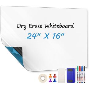 MaxGear White Board 16"x24" Dry Erase Board Adhesive Whiteboard Dry Erase Board for Wall, Office, Conference Room, Classroom, Home, 4 Markers, 1 Marker Holder, 1 Eraser, 4 Magnets, 1 Removable Tape