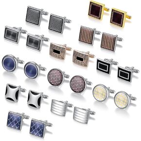 12 Pairs Mens Cufflink-Classic Fashion Men's Cuff Links Silver-tone Gold-tone Black for Business Wedding Party Gift Box