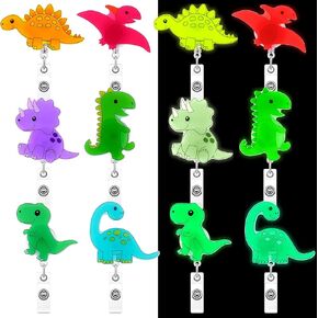 Fulmoon 6 Pcs Dinosaur Badge Reel Glow in the Dark Dino Badge Reels Retractable Nurse Badge Holder with Alligator Clip ID Clip Glow Badge Clip Cute Pediatric Nurse Accessories Nurse Doctor Office Gift