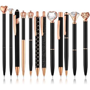 12 Pcs Ballpoint Pens Set Metal Crystal Diamond Pen for Journaling Black Ink Ballpoint Pens Liquid Sand Glitter Pen Fancy Pens Gifts for Woman Girls Teacher School Office Home (Black)